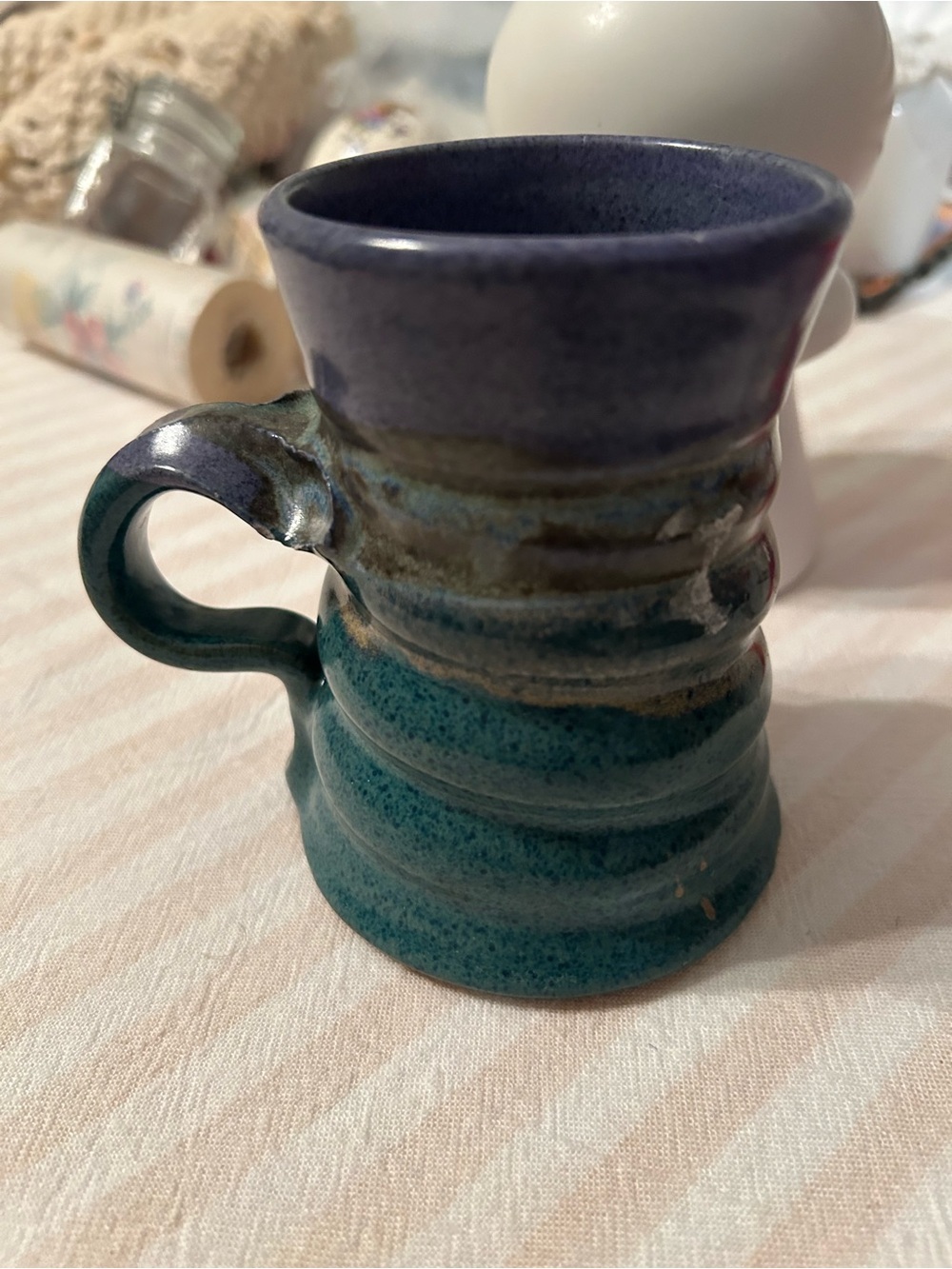 Handmade Ceramic Small Mug in  cottage core Teal and Deep Blue
